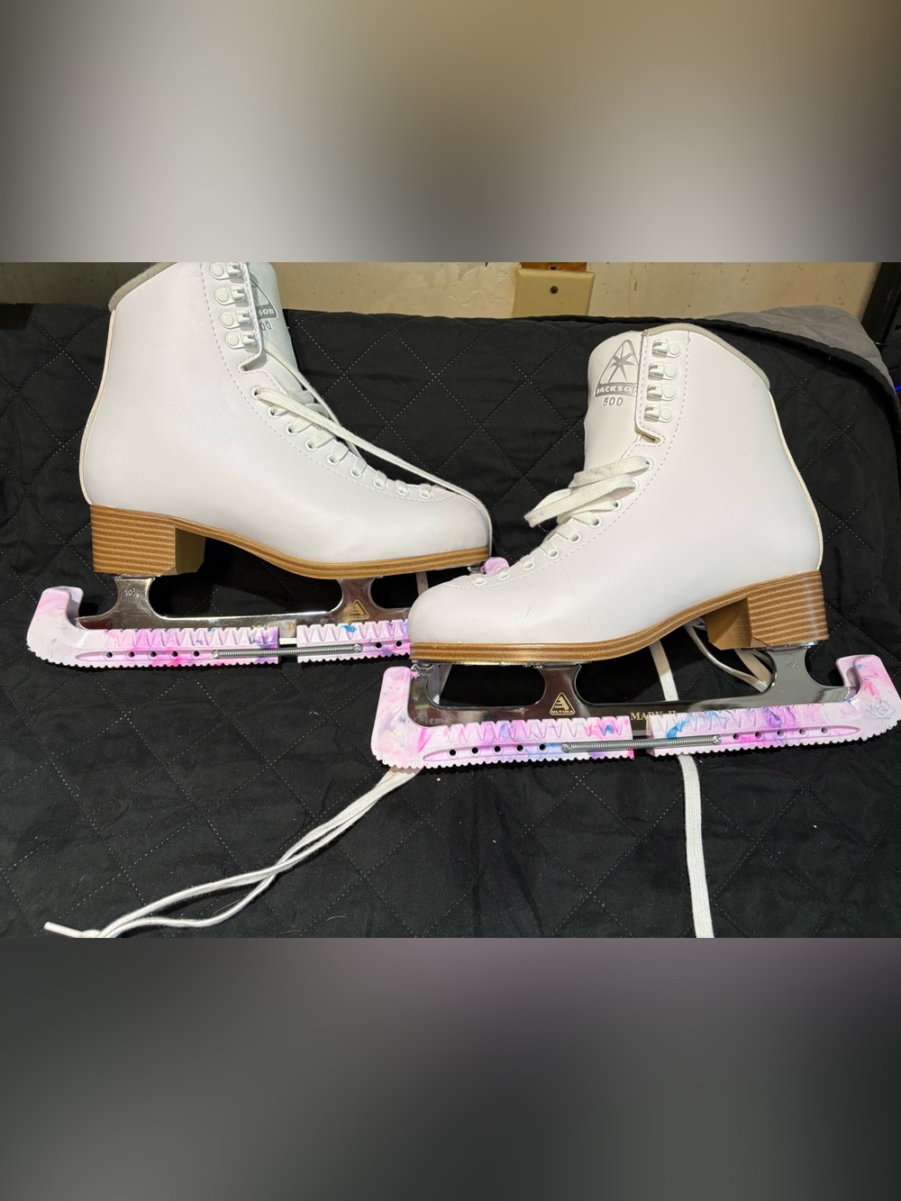 JACKSON White Figure Skates with Pink-Accented Blade Guards